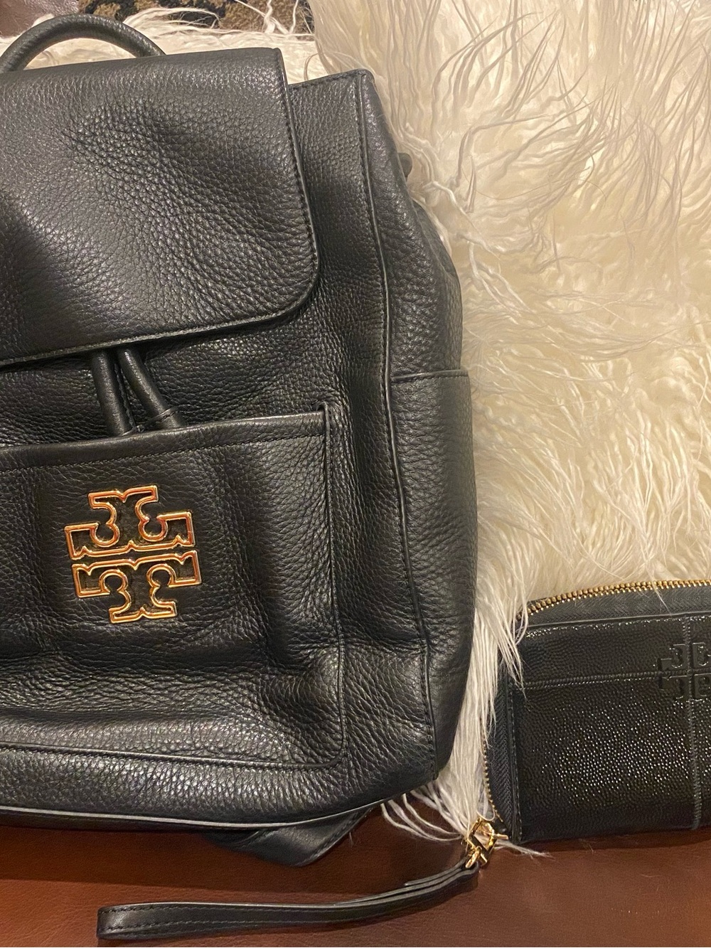Tory Burch Black Pebbled Leather Backpack with Gold Logo Accent